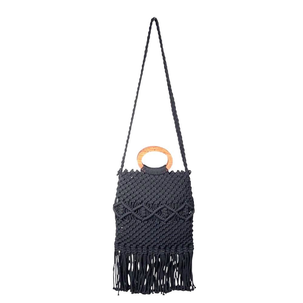 Danielle Nicole Macrame Handbag Women Cotton Black Boho Wood Ring‎ Handle Cross